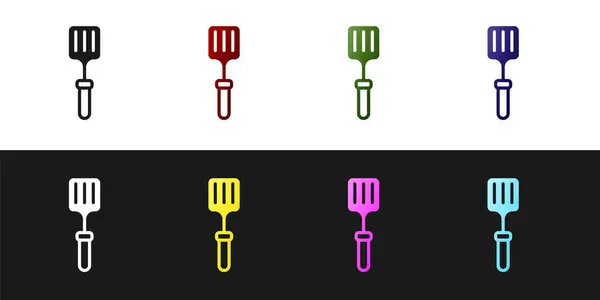 Définir l'icône de la spatule de barbecue isolée sur fond noir et blanc. Icône de spatule de cuisine. Signe de spatule de barbecue. Barbecue et outil de grill. Vecteur — Image vectorielle