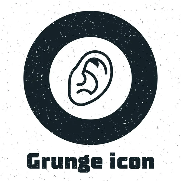 Grunge Ear слушать звуковой сигнал значок изолирован на белом фоне. Слушание в ухе. Монохромный винтажный рисунок. Вектор — стоковый вектор