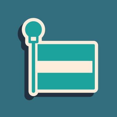 Yeşil Bayrak simgesi yeşil arkaplanda izole edildi. Yer belirleyici sembol. Uzun gölge tarzı. Vektör