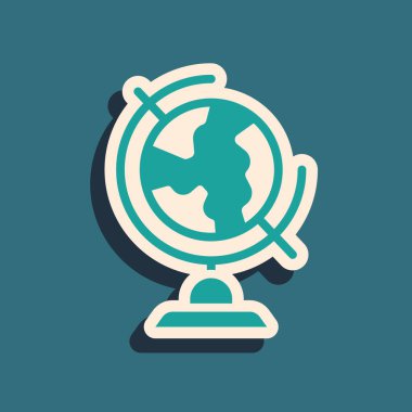 Yeşil Dünya ikonu yeşil arka planda izole edildi. Uzun gölge tarzı. Vektör