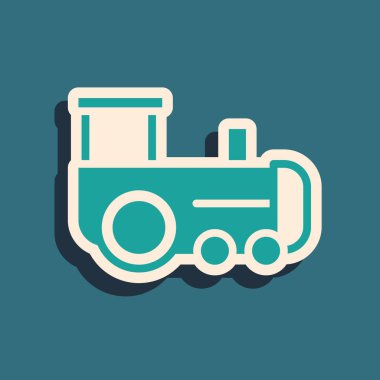 Yeşil oyuncak tren ikonu yeşil arkaplanda izole edildi. Uzun gölge tarzı. Vektör