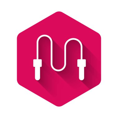 Uzun gölgeli beyaz atlama ipi simgesi izole edildi. İp atlıyorum. Spor malzemeleri. Pembe altıgen düğmesi. Vektör