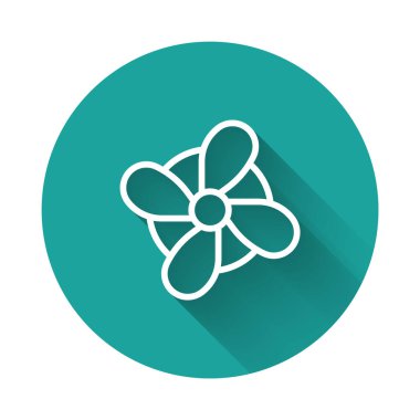 Beyaz çizgi tekne pervanesi, türbin simgesi uzun gölge arkaplanı ile izole edilmiş. Yeşil daire düğmesi. Vektör