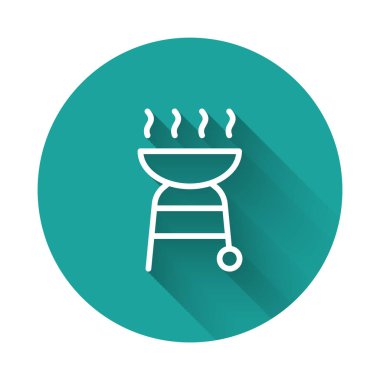 Beyaz çizgi ızgara ızgara ikonu uzun gölge arkaplan izole. Barbekü ızgara partisi. Yeşil daire düğmesi. Vektör