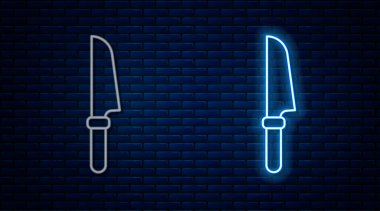 Parlayan neon çizgili bıçak simgesi tuğla duvar arkasında izole edilmiş. Çatal bıçak sembolü. Vektör