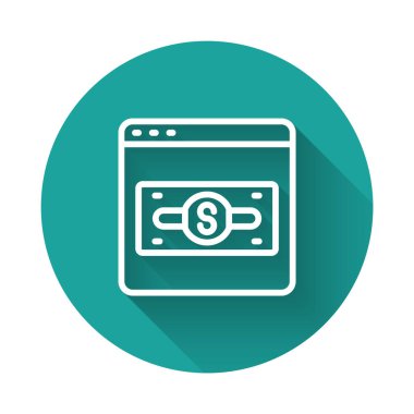 Beyaz Hat Çevrimiçi uzun gölge arkaplan izole ekran simgesinden alışveriş. Konsept e-ticaret, e-ticaret, online iş pazarlama. Yeşil daire düğmesi. Vektör