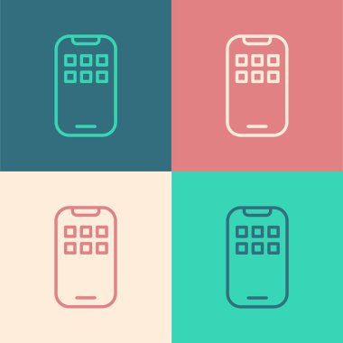 Pop sanat çizgisi Mobil Uygulamalar simgesi renk arkaplanında izole edildi. Ekran simgeli akıllı telefon, uygulamalar. Cep telefonu ekranı görünüyor. Vektör