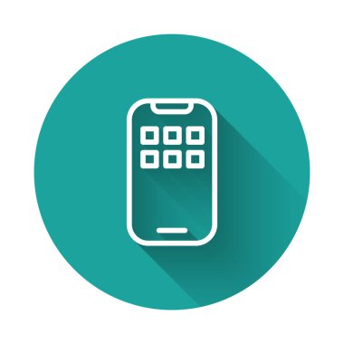 Beyaz çizgi Mobil Uygulamalar simgesi uzun gölge arkaplanı ile izole edildi. Ekran simgeli akıllı telefon, uygulamalar. Cep telefonu ekranı görünüyor. Yeşil daire düğmesi. Vektör