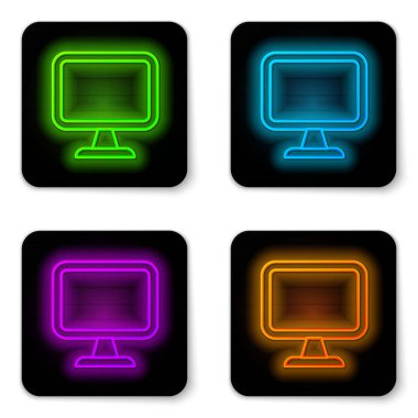 Parlayan neon hattı bilgisayar ekranı simgesi beyaz arkaplanda izole edildi. Elektronik cihaz. Ön manzara. Siyah kare düğme. Vektör