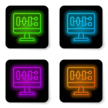 Parlayan neon hattı Algoritma simgesi beyaz arkaplanda izole edildi. Yapay Zeka koleksiyonundan algoritma sembolü tasarımı. Siyah kare düğme. Vektör