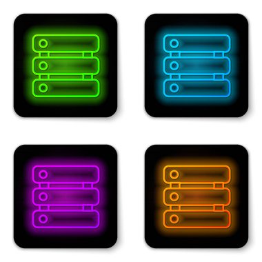 Parlayan neon hattı Sunucu, Data, Web sunucu simgesi beyaz arkaplanda izole edildi. Siyah kare düğme. Vektör