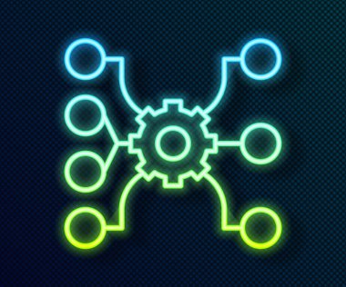 Parlayan neon hattı sinirsel ağ simgesi siyah arkaplanda izole edildi. Yapay zeka yapay zekası. Vektör