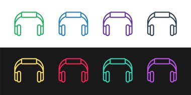 Siyah ve beyaz arkaplanda izole edilmiş satır kulaklığı simgesi. Kulaklıklar. Müzik, hizmet, iletişim ve operatör konsepti. Vektör