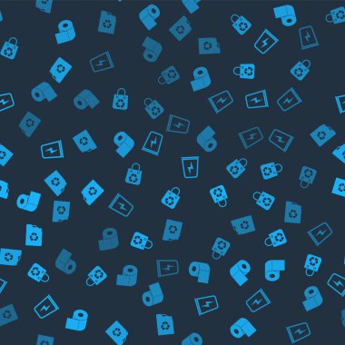 Tuvalet kağıdı rulosunu, geri dönüşümlü alışveriş torbasını, yıldırım çöp tenekesini ve eko yakıt kutusunu pürüzsüz desene ayarlayın. Vektör