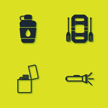 Kantin su şişesi, el feneri, çakmak ve rafting tekne ikonu ayarla. Vektör