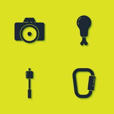 Fotoğraf makinesini, karabinayı, lokumları çubuğa ve tavuk budu ikonuna ayarla. Vektör