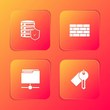 Sunucuyu kalkan, Firewall, güvenlik duvarı, FTP klasörü ve İşaretli anahtar simgesi ile ayarla. Vektör