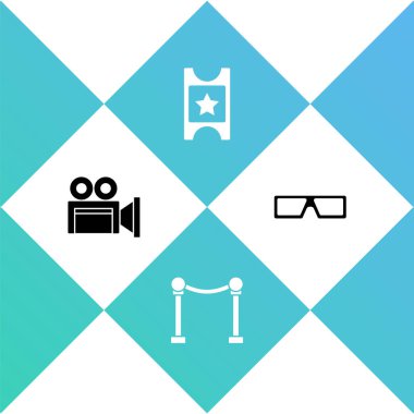 Sinema kamerası, ip engeli, bilet ve 3 boyutlu sinema gözlüğü ikonu. Vektör