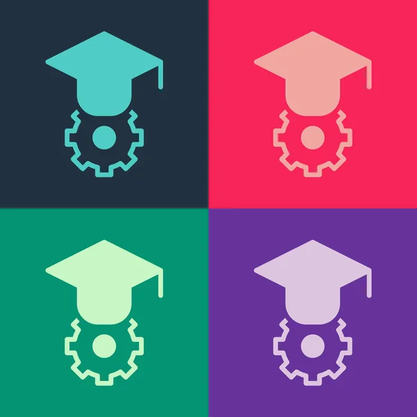 Pop art Graduation cap pictogram geïsoleerd op kleur achtergrond. Afstudeerhoed met kwastje icoon. Vector — Stockvector