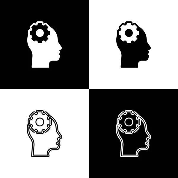 Set Cabeza humana con engranaje interior icono aislado sobre fondo blanco y negro. Inteligencia artificial. Cerebro pensante. Trabajo simbólico del cerebro. Vector — Vector de stock