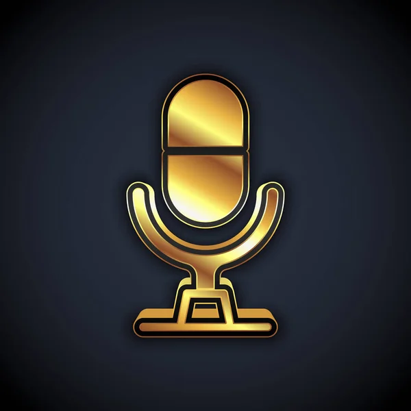 Ícone do dispositivo de voz microfone de ouro isolado no fundo preto. Intérprete de microfone e letras alfabéticas. Vetor — Vetor de Stock