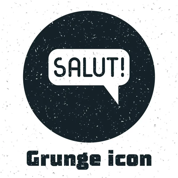 Grunge Salut в различных языках значок изолирован на белом фоне. Речевые пузыри. Монохромный винтажный рисунок. Вектор — стоковый вектор