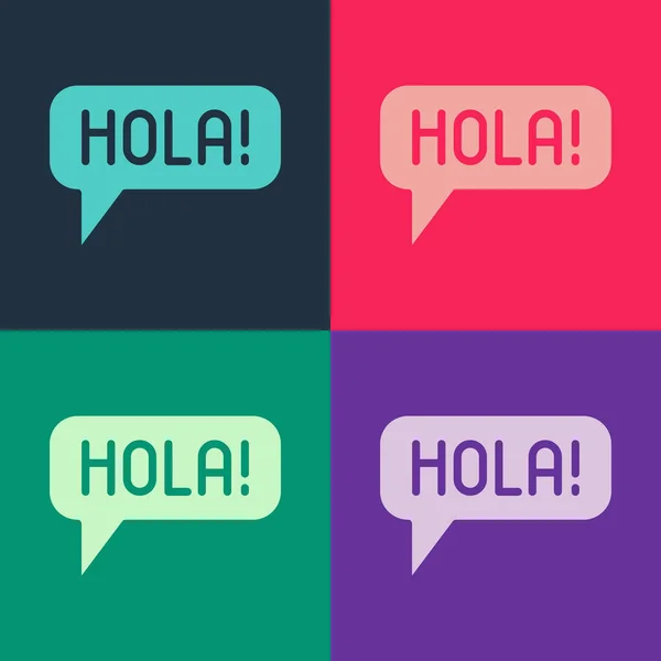 Pop art Hola en diferentes idiomas icono aislado en el fondo de color. Burbujas del habla. Vector — Vector de stock