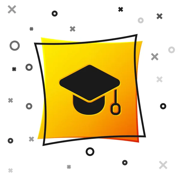 Svart Graduation cap ikon isolerad på vit bakgrund. Examen hatt med tofs ikon. Gult fyrkantigt knapp. Vektor — Stock vektor