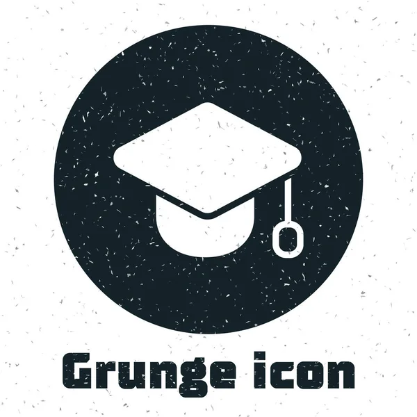 Grunge Graduation Cap Symbol isoliert auf weißem Hintergrund. Abschluss Hut mit Quaste-Symbol. Monochrome Vintage-Zeichnung. Vektor — Stockvektor