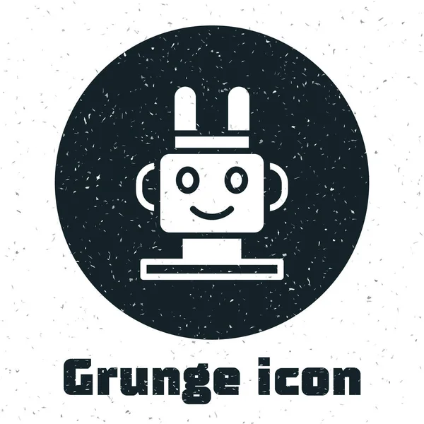 Grunge Robot toy icon isolated on white background. Monochrome vintage drawing. Vector — Stock Vector