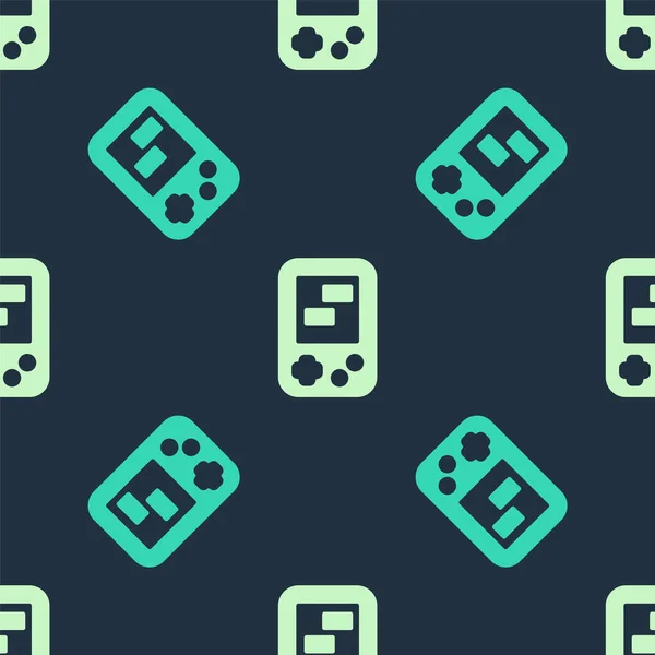 Зеленый и бежевый портативный тетрис иконка электронной игры изолированы плавный узор на синем фоне. Винтажный стиль карманный кирпич игры. Интерактивное игровое устройство. Вектор — стоковый вектор