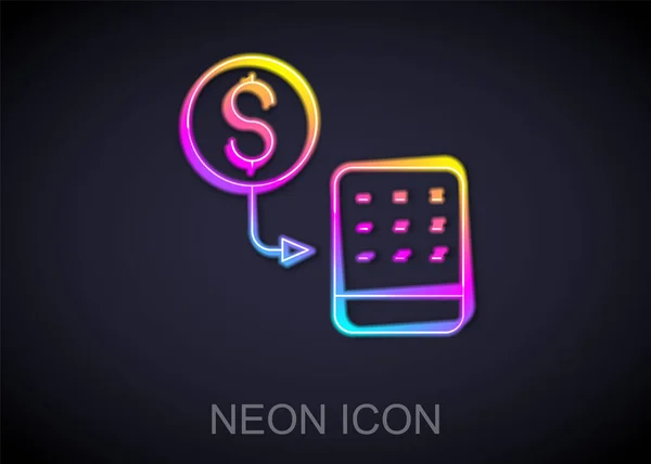 Brillante línea de neón Casino fichas de intercambio en pilas de dólares icono aislado sobre fondo negro. Vector — Vector de stock