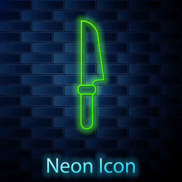 Gloeiende neon lijn Knife icoon geïsoleerd op bakstenen muur achtergrond. Bestek symbool. Vector — Stockvector