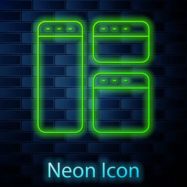 Gloeiende neon lijn Browser venster pictogram geïsoleerd op baksteen muur achtergrond. Vector — Stockvector