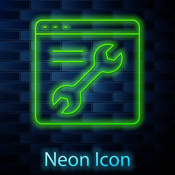 Linea neon incandescente icona impostazione del browser isolato su sfondo muro di mattoni. Regolazione, assistenza, manutenzione, riparazione, fissaggio. Vettore — Vettoriale Stock