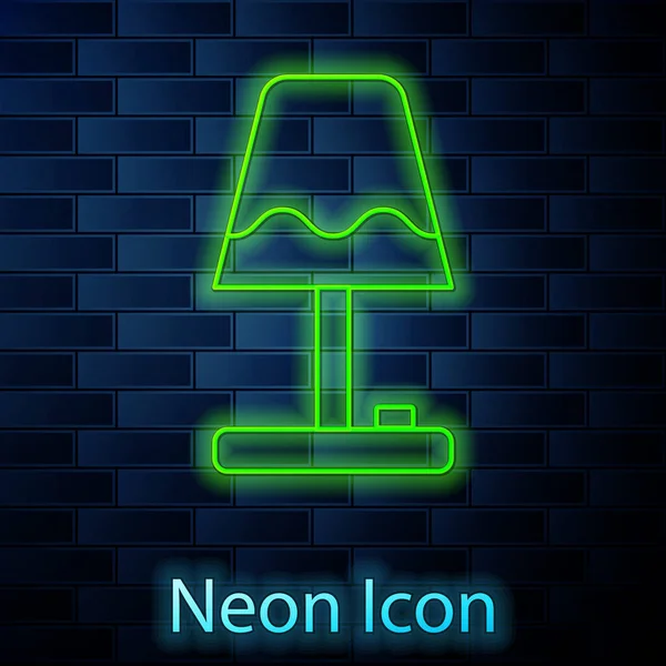 Parlak neon çizgili masa lambası ikonu tuğla duvar arka planında izole edildi. Vektör — Stok Vektör