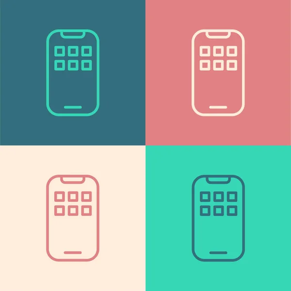 Pop art line Mobile Apps icon isolated on color background. Smartphone with screen icons, applications. mobile phone showing screen. Vector — Stock Vector