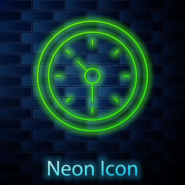 Gloeiende neon lijn Klok pictogram geïsoleerd op baksteen muur achtergrond. Tijdsymbool. Vector — Stockvector
