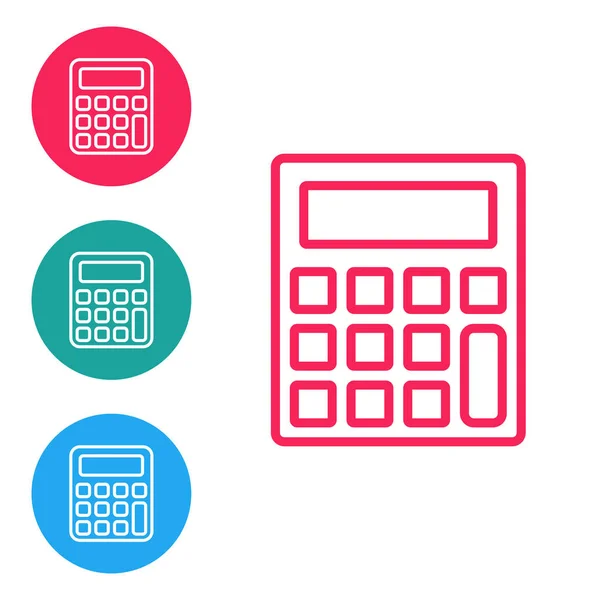 Rode lijn Calculator pictogram geïsoleerd op witte achtergrond. Boekhoudkundig symbool. Bedrijfsberekeningen wiskunde onderwijs en financiën. Stel pictogrammen in cirkel knoppen. Vector — Stockvector