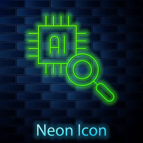 Leuchtender Neon Line Computer Prozessor mit Mikroschaltungen CPU-Symbol isoliert auf Backsteinwand Hintergrund. Chip oder CPU mit Platine. Mikroprozessor. Vektor — Stockvektor