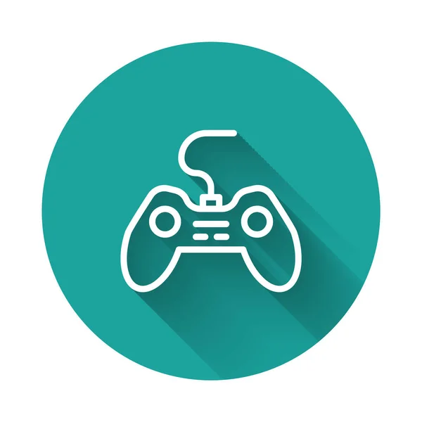 Λευκό εικονίδιο Gamepad γραμμής απομονωμένο με φόντο μεγάλης σκιάς. Ελεγκτής παιχνιδιού. Πράσινο κουμπί κύκλου. Διάνυσμα — Διανυσματικό Αρχείο