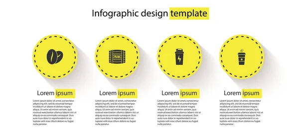 Set Kaffeebohnen, Holzfass mit Rum, Fitness Shaker und Tasse. Geschäftsinfografische Vorlage. Vektor — Stockvektor