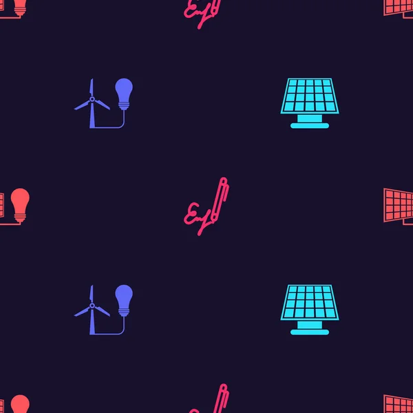 Set Panel de energía solar, Bombilla con turbina eólica, Firma y luz en patrón sin costuras. Vector — Archivo Imágenes Vectoriales