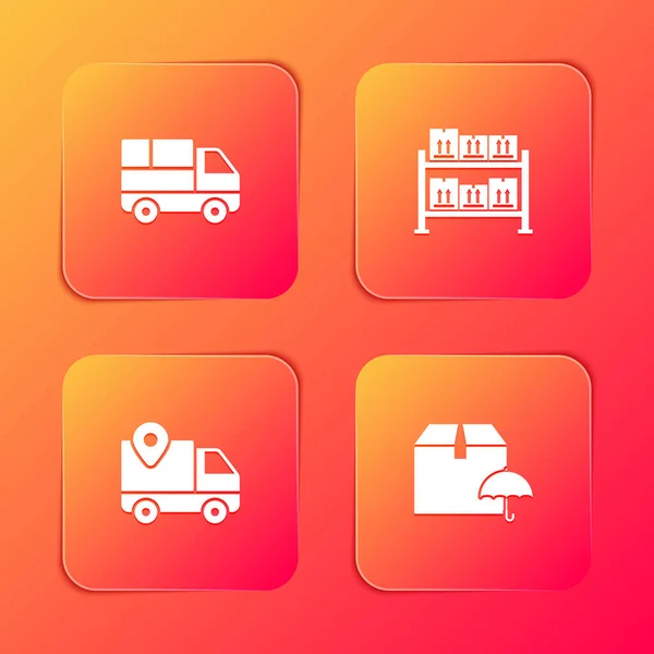 Set Leverans lastbil med lådor, Lager, spårning och paket paraply ikon. Vektor — Stock vektor