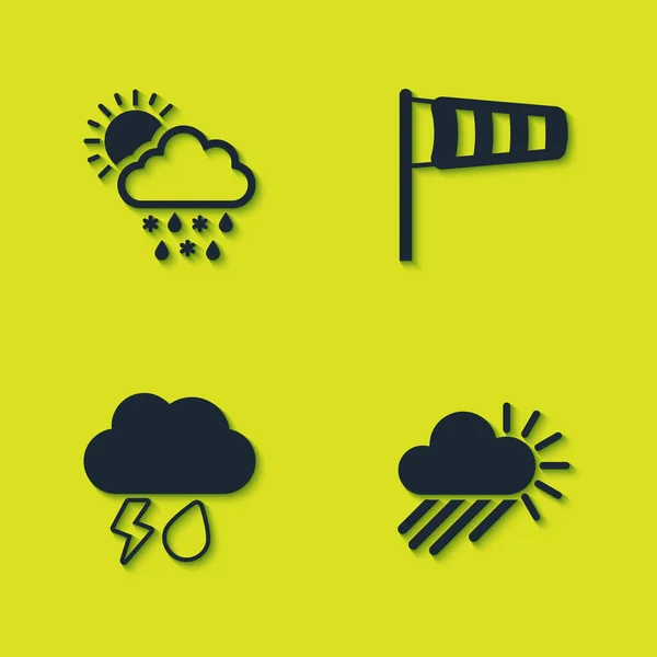 Set Wolke mit Schnee, Regen, Sonne, Bewölkt und, Blitz und Kegel Meteorologie Windsack Windfahne Symbol. Vektor — Stockvektor