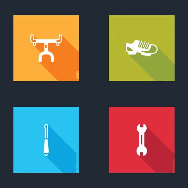 Set Fahrradlenker, Schuhe, Schraubendreher und Schlüsselschlüssel-Symbol. Vektor — Stockvektor