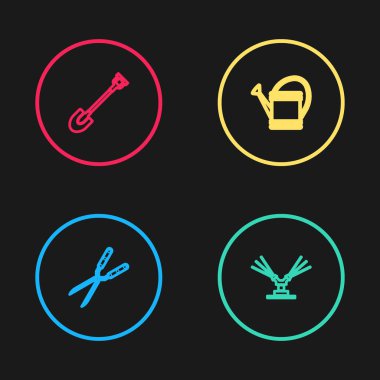 Hat çizgisi, el yapımı makas, otomatik sulama fıskiyeleri, su kovası ve kürek ikonu. Vektör