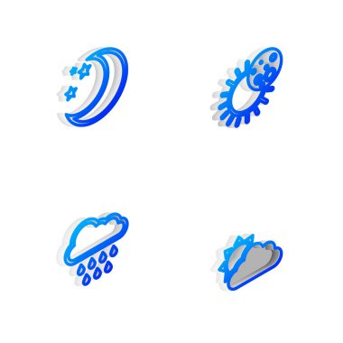 Güneşin, Ay 'ın ve yıldızların tutulması, yağmurlu bulutlar ve hava durumu ikonu. Vektör