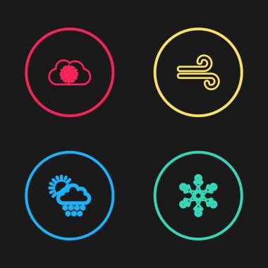 Cloud 'a kar ve güneş, kar tanesi, rüzgar ve ikon çizgisi çiz. Vektör