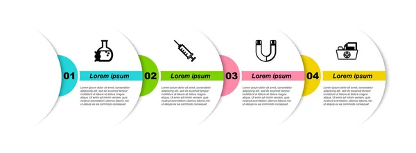 设置线DNA研究,搜索,注射器,磁铁和健康记录文件夹.业务信息模板。B.病媒 — 图库矢量图片